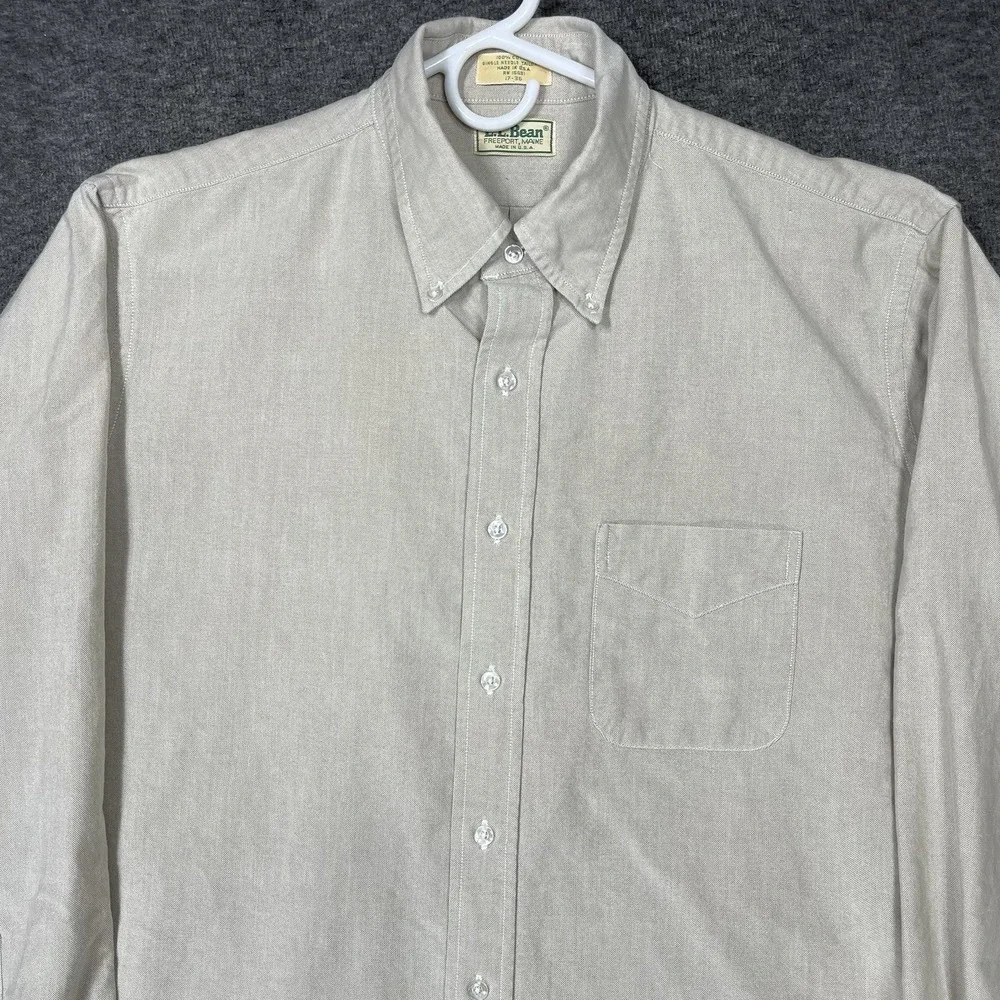Vintage LL Bean Oxford Shirt Mens 17-36 Beige Solid Long Sleeve Made in USA - Picture 2 of 12